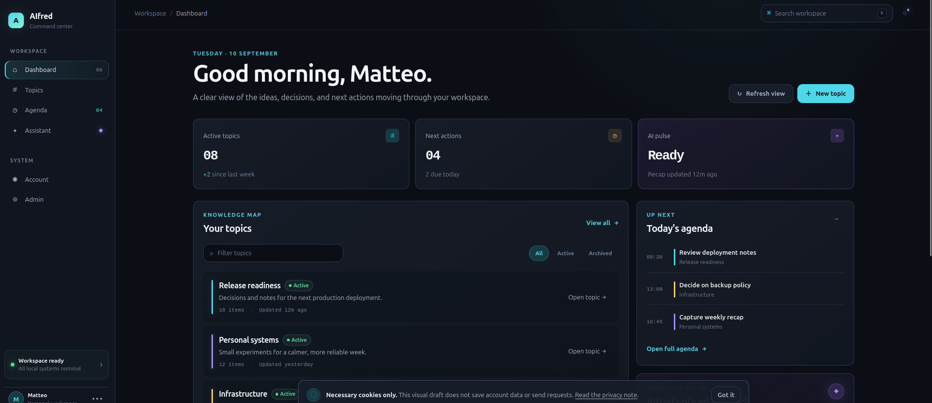 AIfred dashboard showing active topics, agenda deadlines, and AI activity